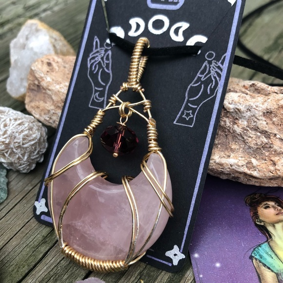Wire Wrapped Rose Quartz Crescent Moon Crystal Necklace - Picture 6 of 14